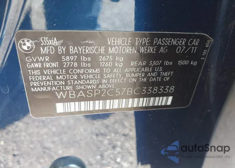 2011 BMW 535I Gran Turismo xDrive из США, поврежденный, VIN WBASP2C57BC338338